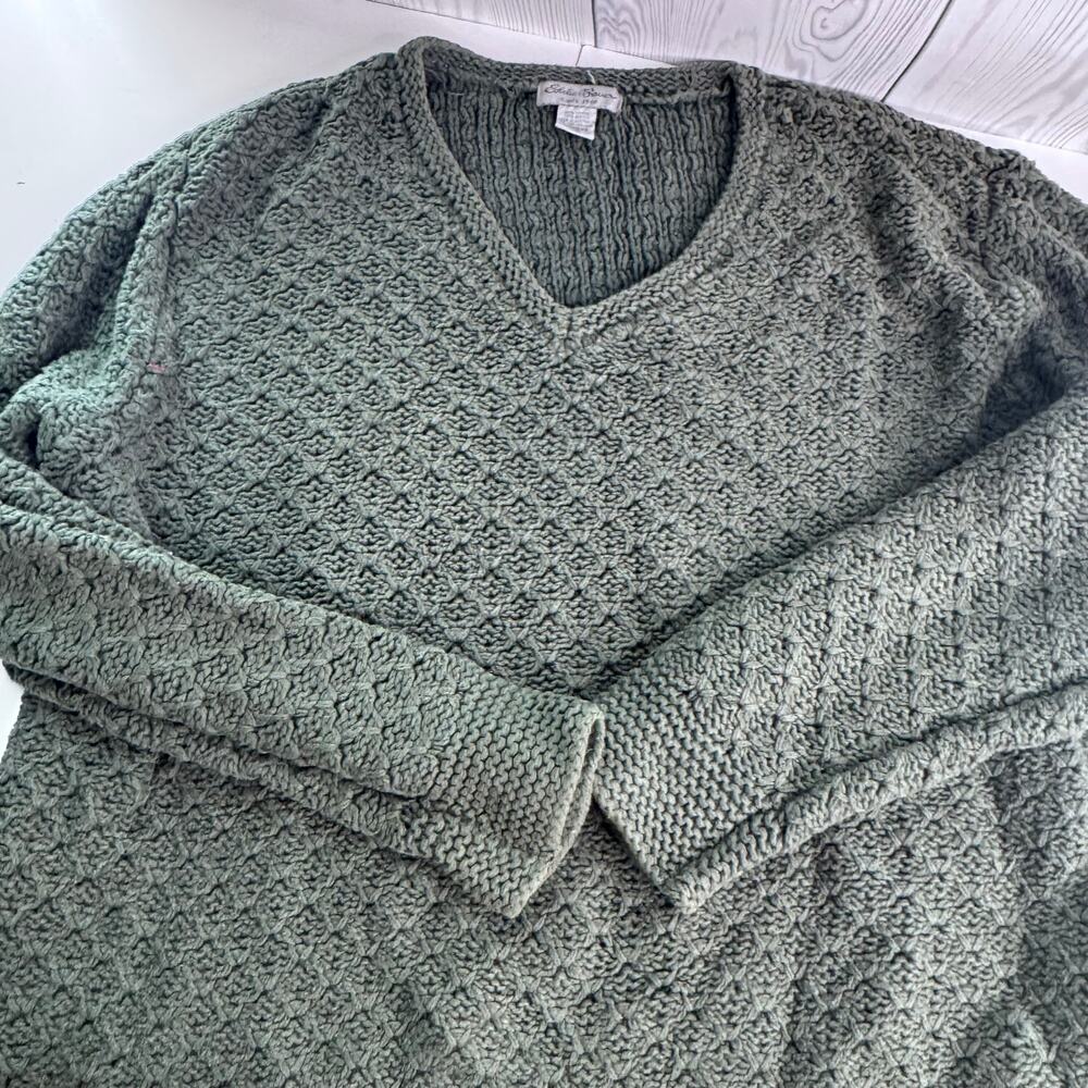 Vintage 90s Eddie Bauer Womens XXL Chunky Cotton Blend V neck Sweater Green